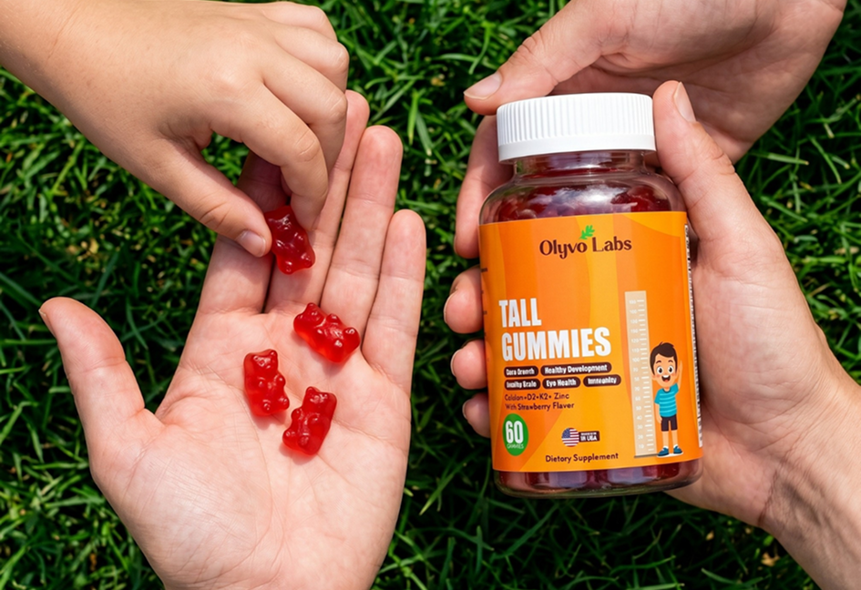 Parent and child holding Olyvo Labs Tall Gummies bottle