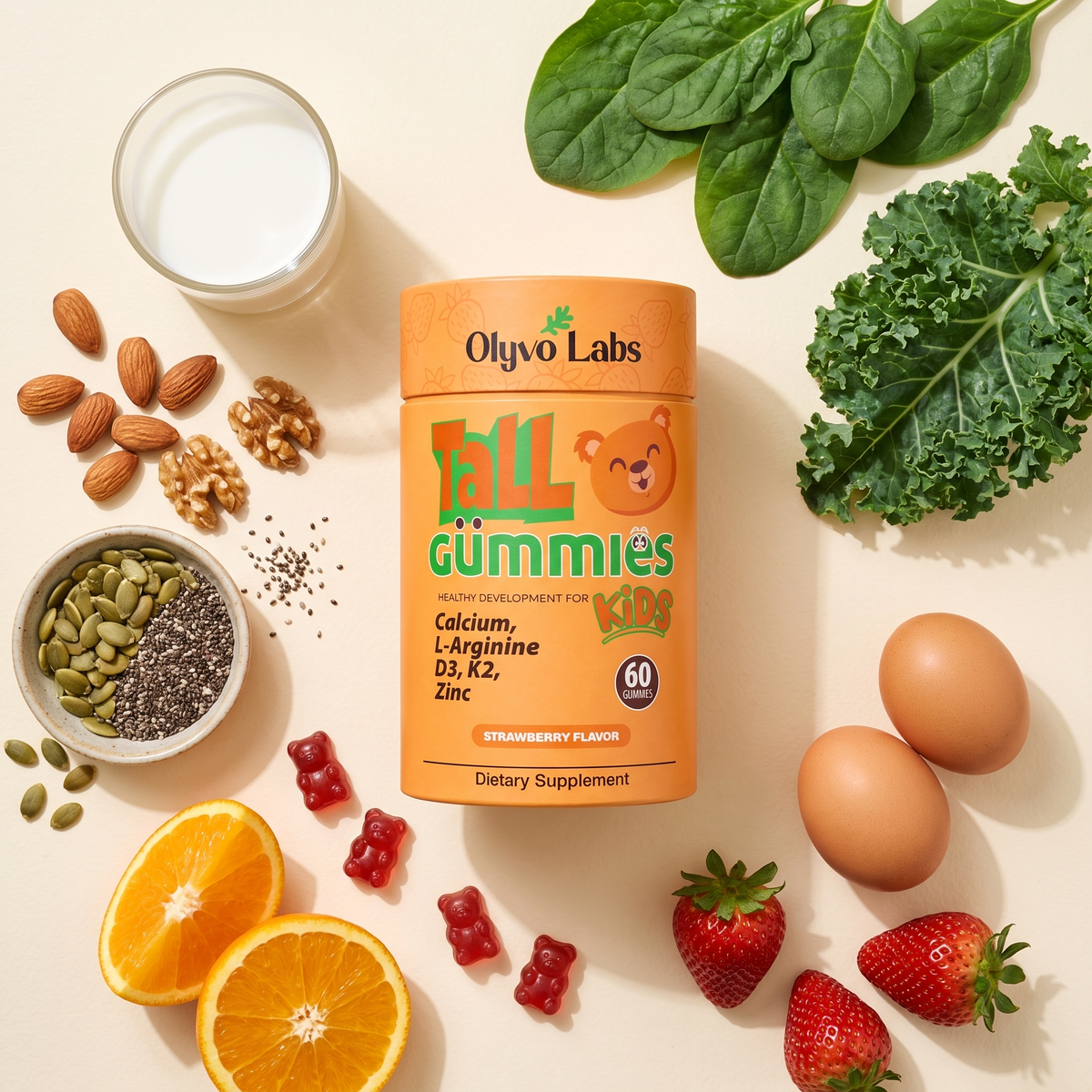 Tall Gummies with milk, leafy greens, nuts, seeds, eggs and fruit