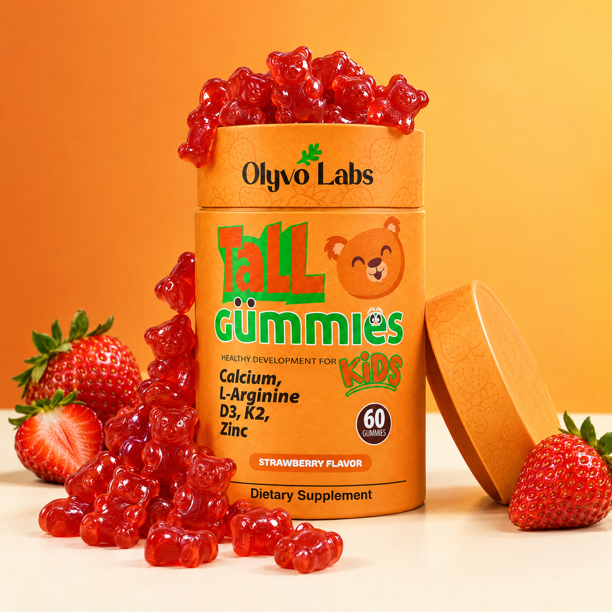 Open Tall Gummies canister with gummy bears spilling out