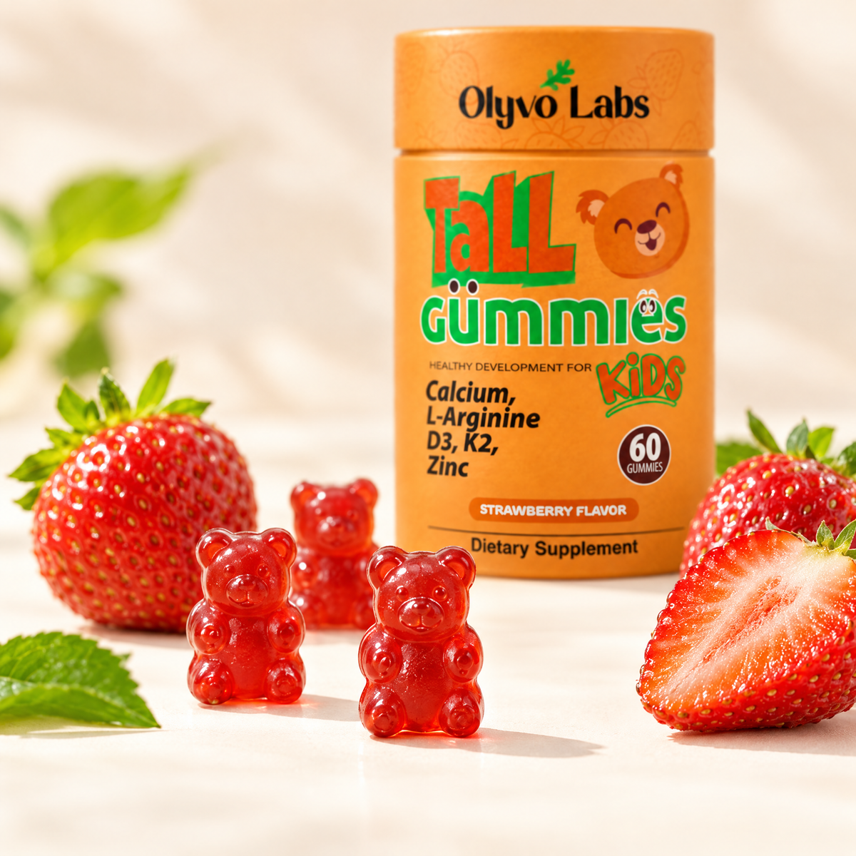 Strawberry flavored Tall Gummies bears with fresh strawberries