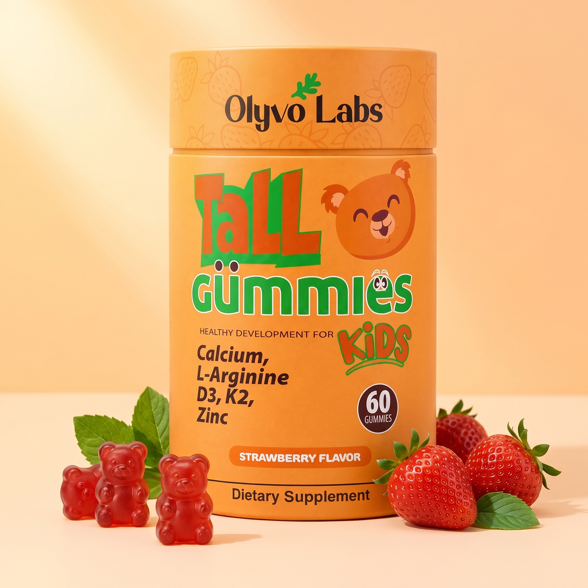 Olyvo Labs Tall Gummies canister with strawberry gummy bears