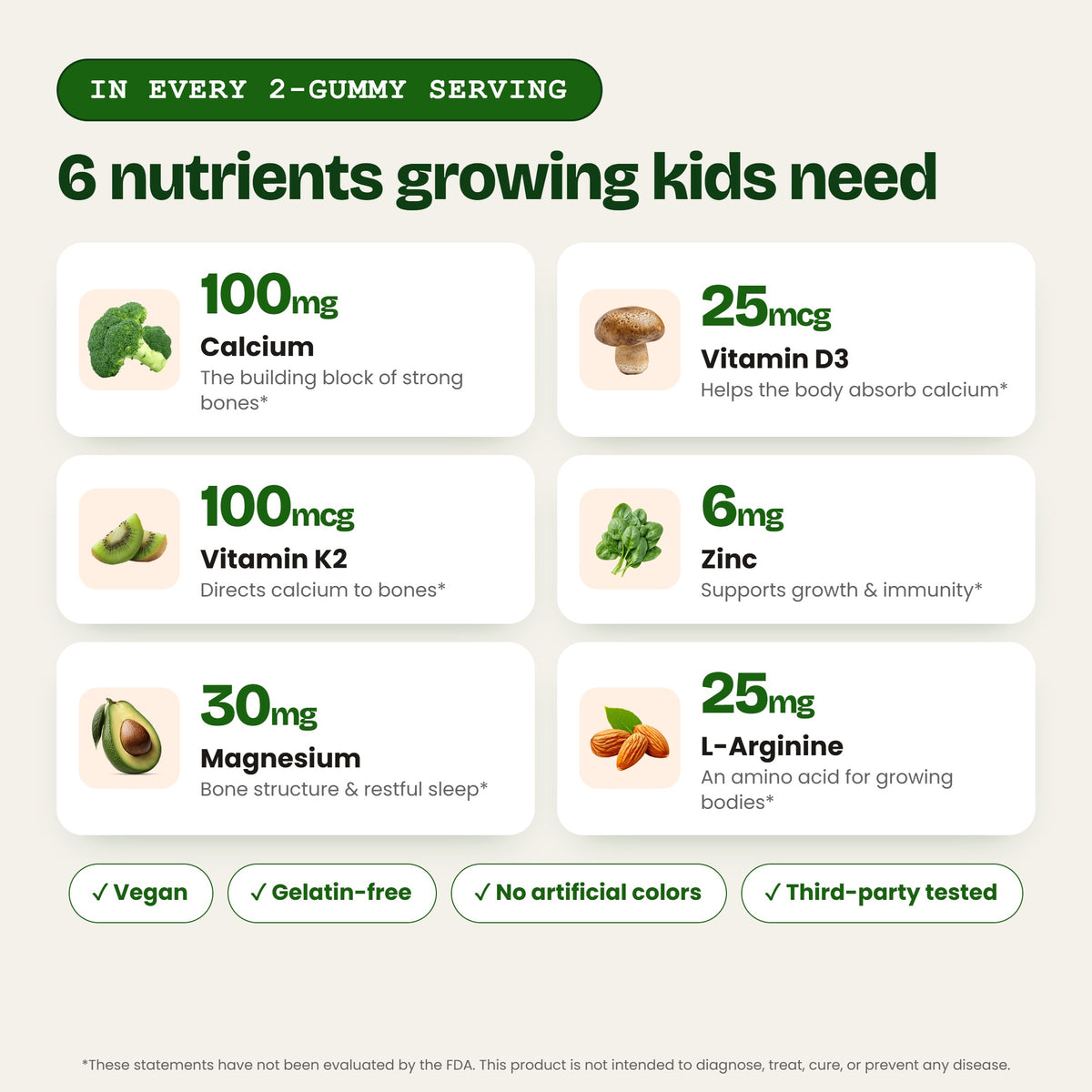 6 nutrients in every 2-gummy serving – calcium, vitamin D3, vitamin K2, zinc, magnesium, L-arginine