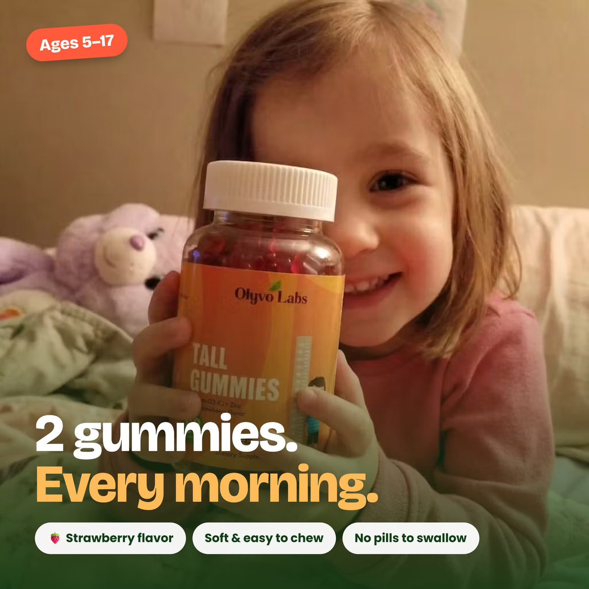 2 gummies every morning – strawberry flavor, easy to chew